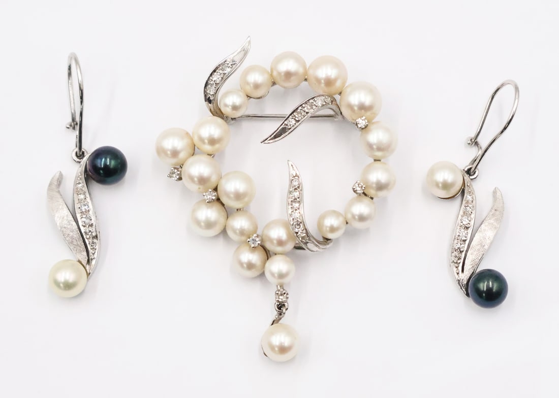 JEWELRY. 14kt Gold Diamond Pearl Brooch & Earrings (1 of 8)
