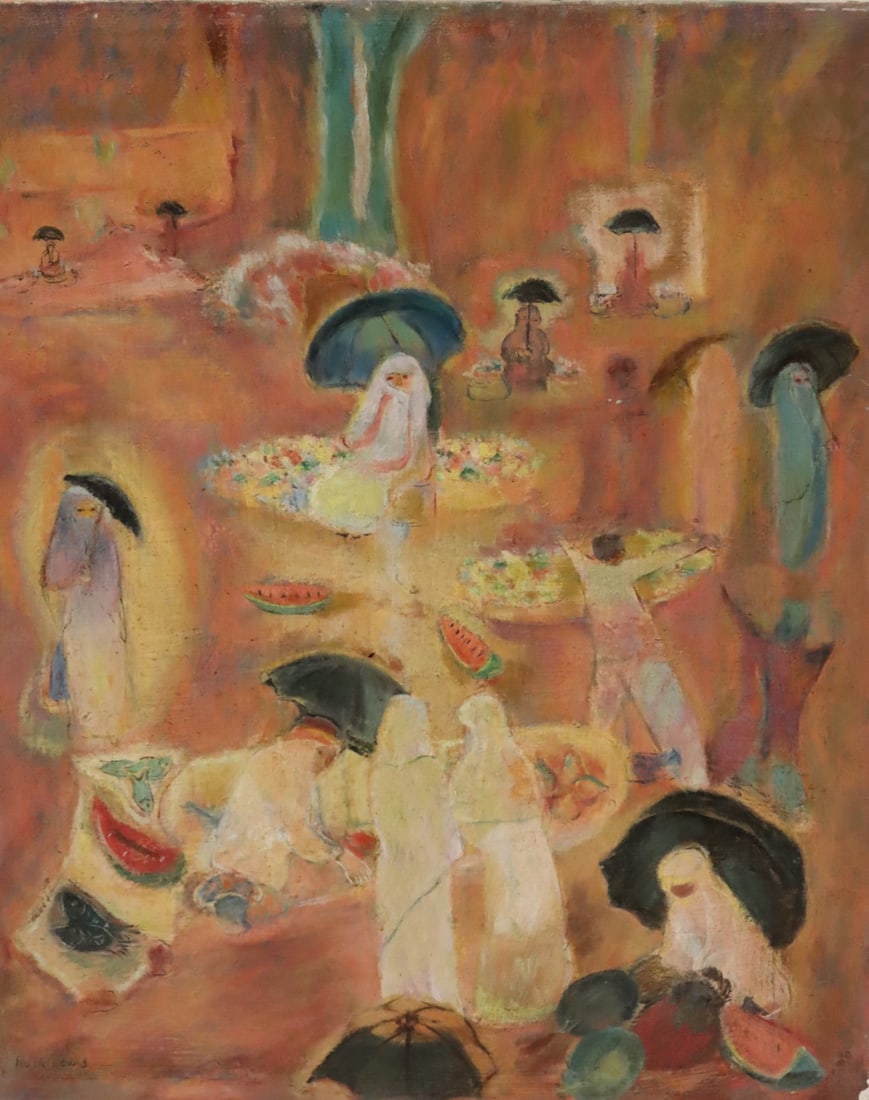 RUTH LEWIS (USA 1905 - 1963): "Tangier Market" Oil on canvas. Signed Ruth Lewis. From her estate. - Dimensions: 24" x 20"
