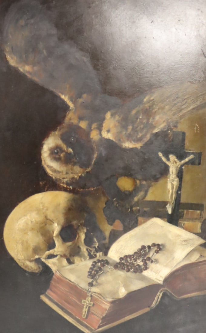 UNSIGNED Oil On Board Still Life With Skeleton. (1 of 4)