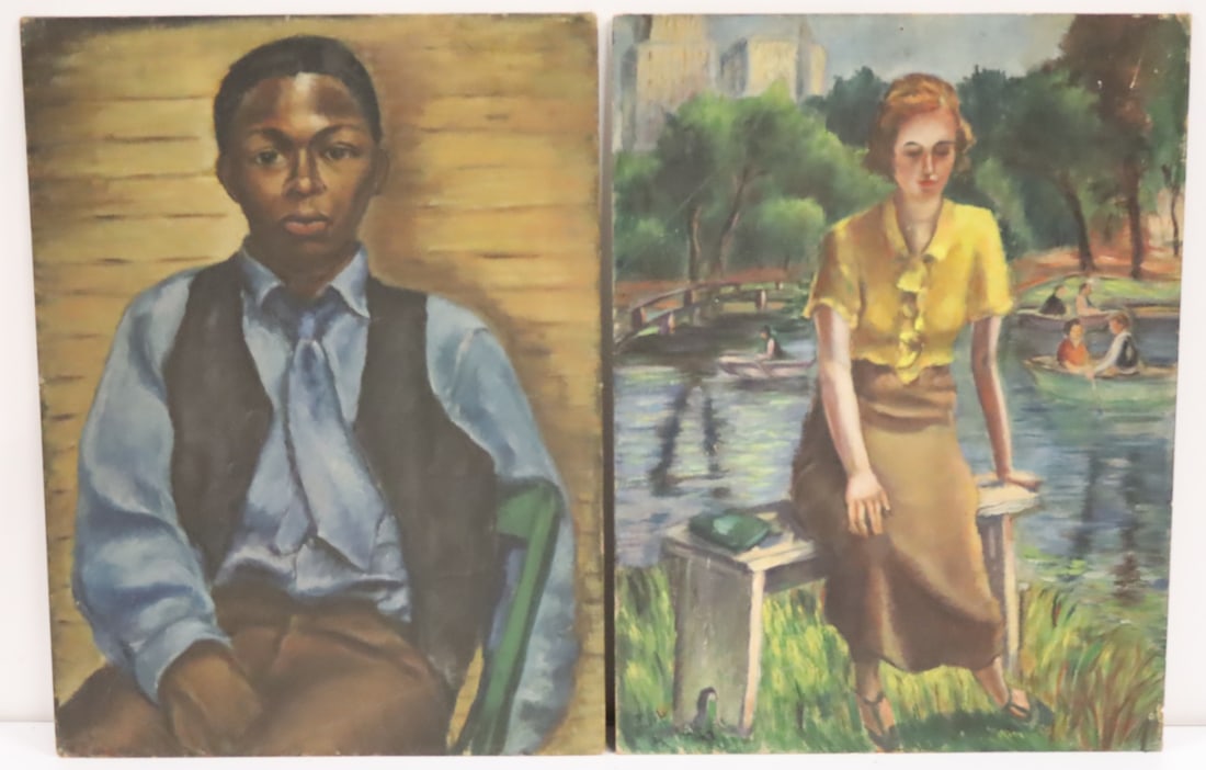 RUTH COHEN (USA 1905 - 1963): 2 Oils on canvas board. African American portrait and a lady on a bench. From the estate of the artist. - Dimensions: 24" x 18"