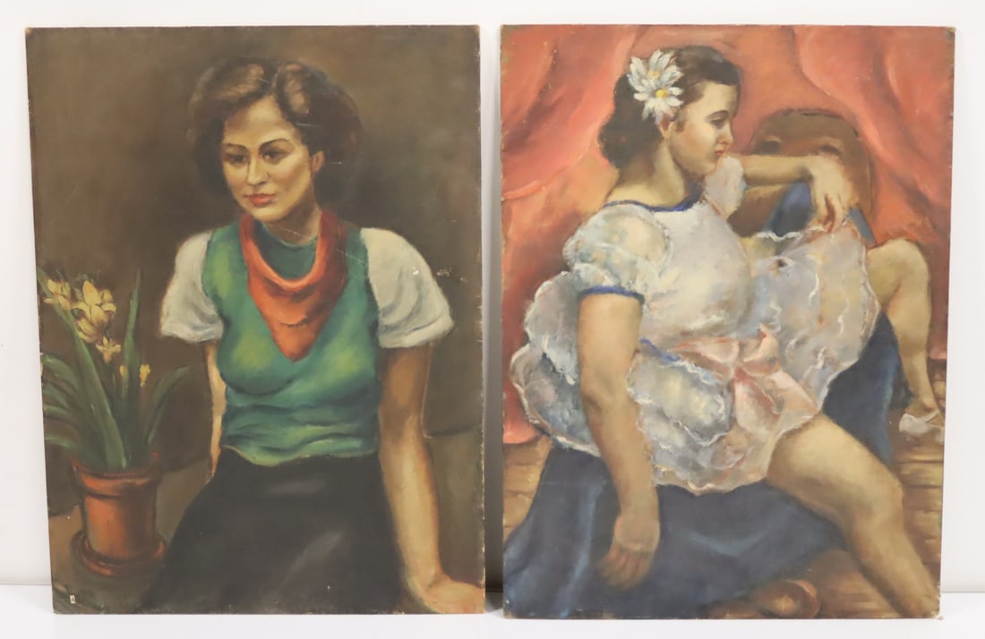 RUTH COHEN (USA 1905 - 1963): 2 Oils on canvas board. Lady with scarf and girl in white dress. From the estate of the artist. - Dimensions: 24" x 18"