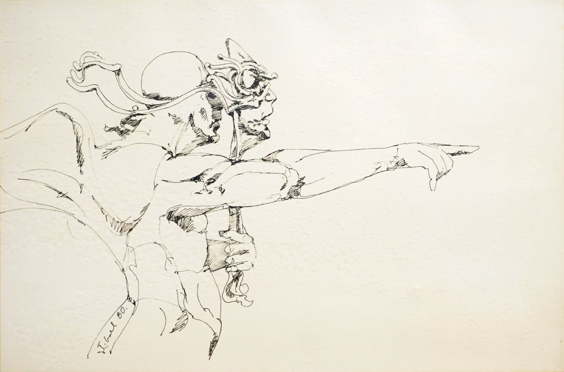 THEODORE GALL (AMERICAN, b. 1941).: 'Male Holding Mask Pointing'. 1980. Ink on paper. Signed and dated lower left within figure. Property from an Ossining, NY estate. Dimensions: Sight size: 10" h x 15.25" w. Frame: 15" h
