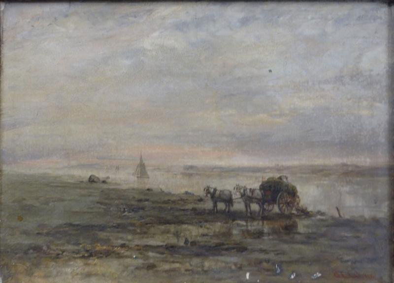 GREEN, Charles Edwin Lewis. Oil on Canvas of: Seaweed Gatherers. Signed lower right. Old Boston, Mass framer's label verso. Charles Edwin Lewis Green, American, 1844 - 1915. From an East 57th St NYC estate. Dimensions: 12" high x 18" wide. Condit