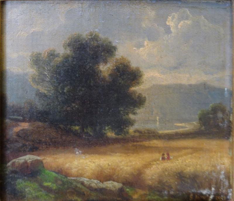 INNESS, George. Oil/Canvas on Board Landscape with: Figures. Signed and dated 1889 lower right. George Inness, American, 1825 - 1894. From a Park Ave, NYC estate. Dimensions: 8.4" high x 6.6" wide. Condition: Surface grime and yellowed varnish, scratch
