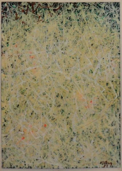 TOBEY, Mark. Untitled 1951 Abstract Mixed Media on: Paper. Signed and dated lower right. Exhibited in the Indianapolis Museum of Art, Indiana in 1980. Old Sotheby's labels verso. Mark Tobey, American, 1890 - 1976. Dimensions: 7.5" high x 5.1" wide. Con