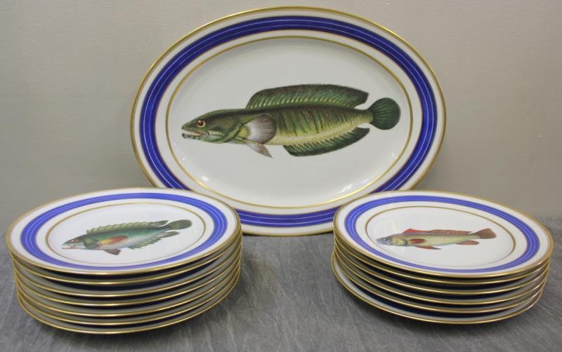 Mugil Cephalus Hand Painted Porcelain Fish Set.: By G. Cerchiai. Hand painted in Italy for Black Starr & Frost. Includes 13 plates and one platter. From a White Plains, NY estate. Dimensions: Plates - 10" diameter; Platter - 13" wide. Condition: Goo