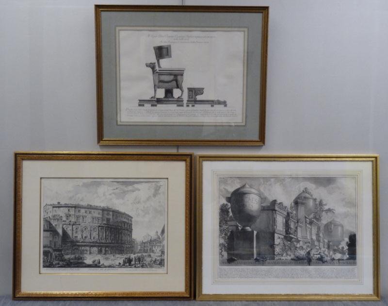 Lot of Three Prints After Giovan Battista Piranesi: From an East 57th Street, Manhattan estate. Dimensions: "Teatro d Marcelli"- 15.75" high x 21.25" deep, Print of throne with wolf- 14.5" high x 20.5" wide, Print of ruins- 17.5" high x 24.5" wide. Con