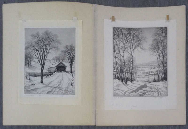 WOICESKE, R.W. 2 Winter Etchings.: "Winter Sunlight" - pencil signed lower right, titled in pencil lower left, also initialed at lower margin, plate - 11.75" high x 10.75" wide, some foxing and light staining in margins tape hinges at 