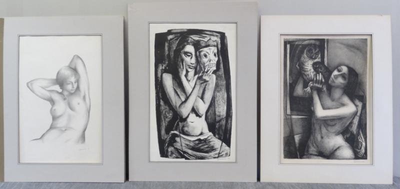 SPRUANCE, Benton. 3 Lithographs of Nudes.: "Girl with Locket" - pencil signed and dated 1936; 14.5" high x 10" wide; light surface staining and mat burn - not affecting image, tape hinges, small loss to sheet lower center at hinge. Nude with M