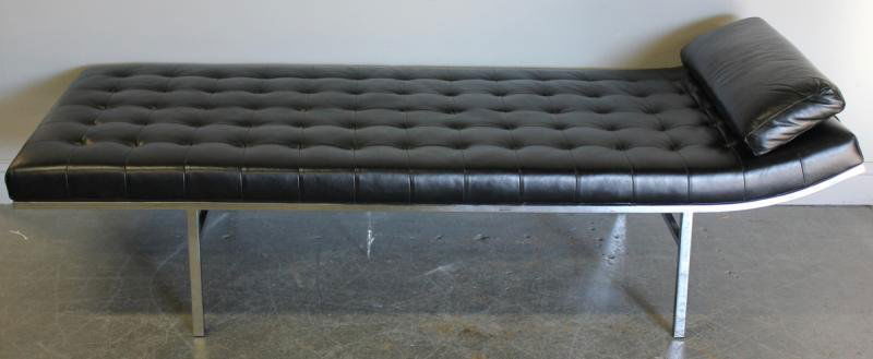 Chrome and Leather Tufted Black Leather Chaise.: From a Tenafly, NJ estate. Dimensions: 32" wide x 77" deep x 24" high.