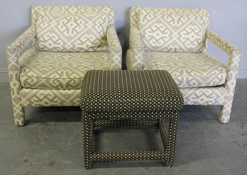 Pair of Bernhardt Flair Upholstered Chairs with a: Thayer Coggin Upholstered Ottoman. Chairs and ottoman with labels. From a New Hyde Park, NY location. Dimensions: Chairs - 29" wide x 30" deep x 29" high, Ottoman- 20.5" wide x 16.5" deep x 18.5" high