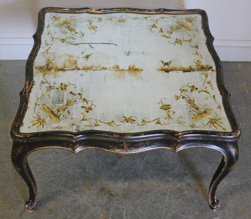 Vintage Venetian Style Chinoiserie Decorated: Coffee Table. With eglomise top. From a Park Avenue, Manhattan estate. Dimensions: 29" wide x 29" deep x 18" high. Condition: Some paint loss and some minor discoloration to mirror top.