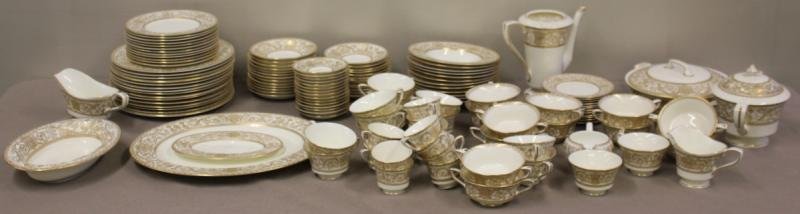 Large Royal Worcester Gilt Porcelain Dinner: Service. Large service of Royal Worcester "Embassy" pattern dinner service. Includes 15 dinner plates, 12 salad plates, 12 soup bowls, 12 bread and butter plates, 12 cream soups with 13 saucers, 13 cu