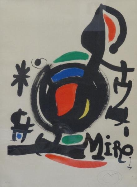 MIRO, Joan. Lithograph. "Affiche Pour L'Exposition: Les Essencies de la Terra." Initialed in pencil lower right. Numbered 20/140. Joan Miro, Spanish, 1893 -1983. From a Great Neck, NY estate. Dimensions: 29.75" high x 22.25" wide.