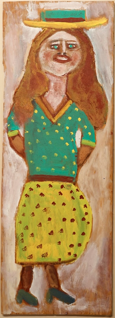 JIMMIE LEE SUDDUTH (AFRICAN-AMERICAN, 1910-2007).: 'Full Length Woman in Green & Yellow'. Mixed media on board. Signed on hat. Property of a Scarsdale, NY estate. Dimensions: 56.5" h x 20" w. Frame: 61.5" h x 25" w.