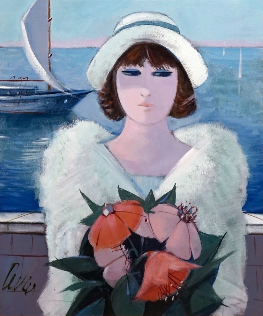 CHARLES LEVIER (FRENCH, 1920-2003).: 'Su la Mer' (On the Sea). Oil on canvas. Signed lower left. Verso: Signed and titled on canvas. Property of a Bedford Hills, NY collection. Dimensions: 24" h x 20" w. Frame: 33.125" h x