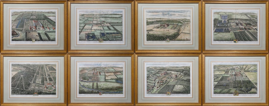JOHANNES "JAN" KIP (DUTCH, 1653-1722) [8 WORKS].: Eight English Country Estates from 'Brittania Illustrata, or Views of Several of the Queen's Palaces, as also of the Principle Seats of the Nobility and Gentry of Great Britain, London'. Hand-colored 