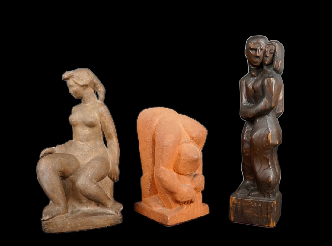 SIGNED AMERICAN (20TH CENTURY) SCULPTURES [3].: Three Figure Studies:(i) BERTA O'HARE MARGOULIES (POLISH/AMERICAN, 1907-1996), 'Nude Female Sitting with Drapery', Stoneware, Signed base edge. (ii) AARON J. GOODELMAN, (RUSSIAN/AMERICAN, 1890-1978),