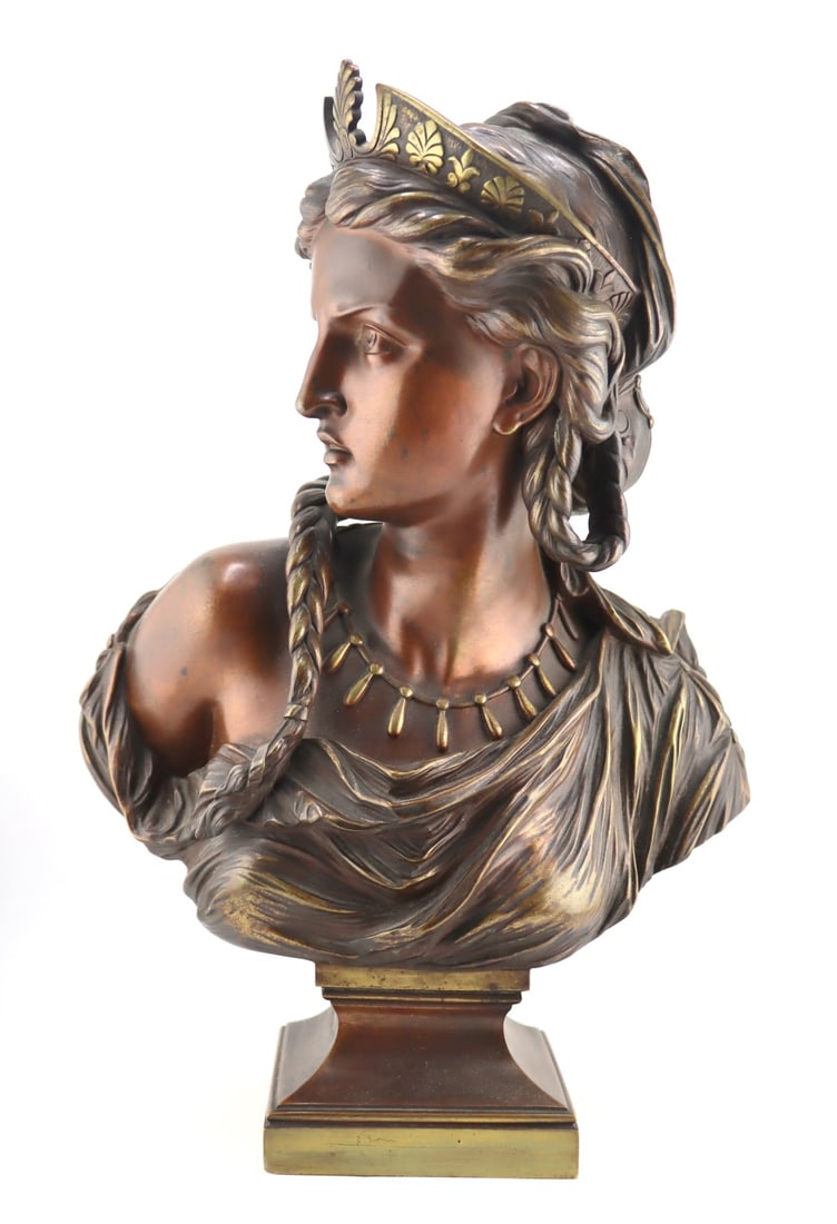 19th Century Bronze Bust of a Classical Beauty.: 19th century bronze bust of a classical beauty adorned with a diadem and ornate necklace. From a New Rochelle, NY estate. Dimensions: bronze measures approx. 15.25" h. - Dimensions: 15.25" h.