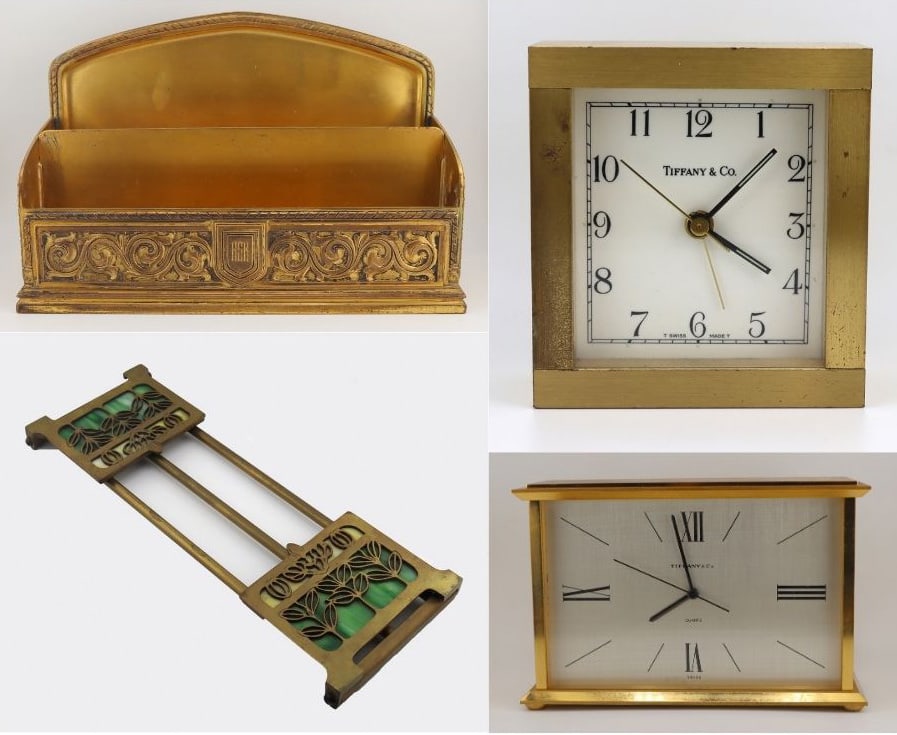 Collection of Decorative Objects Include Tiffany.: Includes a monogrammed Tiffany & Co. dore bronze letter holder, no. 21581-Z, with personal inscription verso; a collapsible gilt metal and slag glass bookend holder; a Tiffany & Co. gilt brass