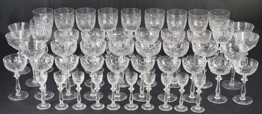 (43) Piece Art Deco Rock Sharpe Crystal Stemware: To include (10) cordials(?) 5 7/8", (10) 5.5", (12) 6.5", and (11) glasses 8". From a Larchmont, NY estate.
