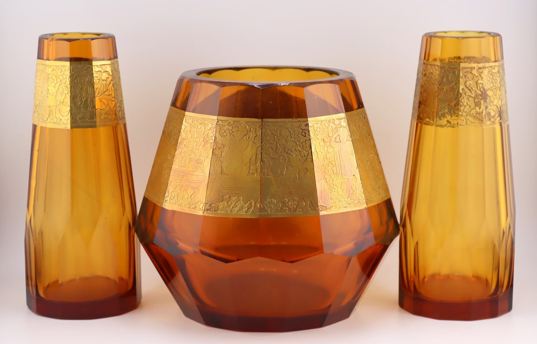 Attr. Moser Amber Glass Garniture Set. (1 of 5)