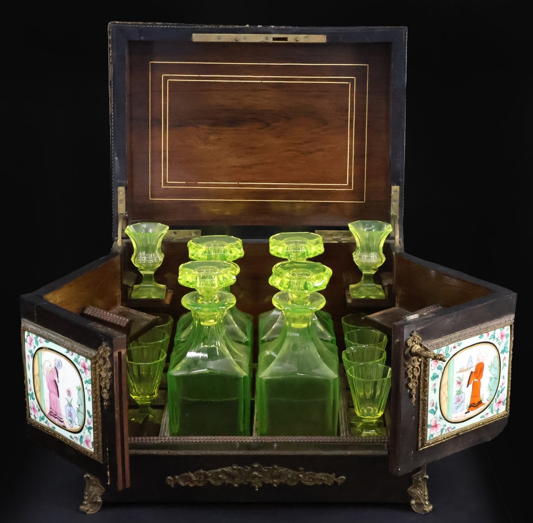 Wooden Tantalus with Chinese Inspired Panels. (1 of 10)