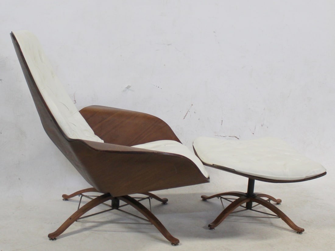 Midcentury Plycraft George Mulhauser Mr. Chair &: Ottoman. George Mulhauser Mr. Chair lounge chair (37.5" h x 36" w x 37" d) and ottoman (23.5 x 23.5 x 10.5"). Plycraft, USA, c. 1960. From a Stamford CT estate.