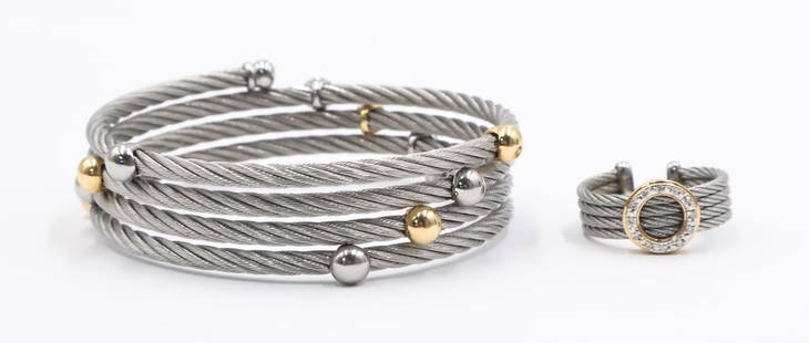 JEWELRY. Charriol Stainless and 18kt Jewelry: Grouping. Includes a signed Charriol stainless steel multi-band ring with central circular openwork 18kt yellow gold pendant with pave diamond accents - stamped, "Charriol AU 750". Accompani