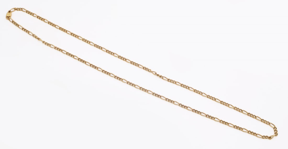 JEWELRY. Men's Italian Chimento 18kt Gold Figaro: Chain Necklace. Men's Italian Chimento 18kt yellow gold figaro chain link necklace. Stamped, "Chimento 750" with an Italian national mark of, "408VI". Total approx. weight of the n