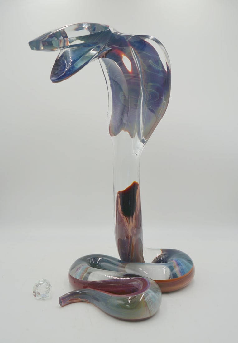 DINO ROSIN (Italian, b.1948 ).: Murano Glass Calcedonia Cobra Snake. Stunning Cobra by Dino Rosin with vibrant colors. Signed “Dino Rosin??. Property of a Long Island, NY collection. - Dimensions: 19" h.