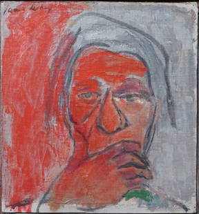 JAMES LECHAY (AMERICAN, 1907-2001).: 'Head with Hand and Gray Hair', 1989. oil on canvas laid to board. Signed upper left. Verso: Signed dated, and titled. Provenance: Doyle New York, NYC, 'Design' October 10, 2007. Lot 4116. Property fr