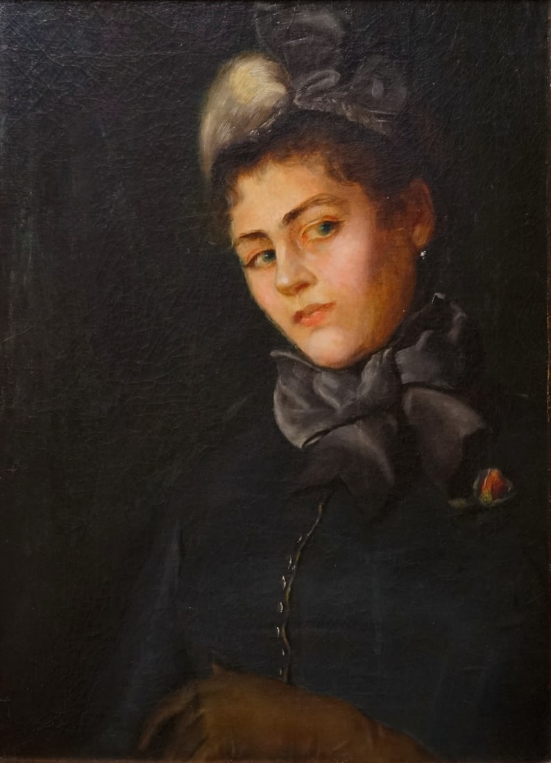 AMERICAN SCHOOL (19TH CENTURY).: 'Portrait of a Woman in Contemplation'. Oil on canvas. Apparently unsigned. Property from a Manhattan, NYC estate. Dimensions: 22.25" h x 16.25" w. Frame: 25.75" h x 19.625" w.