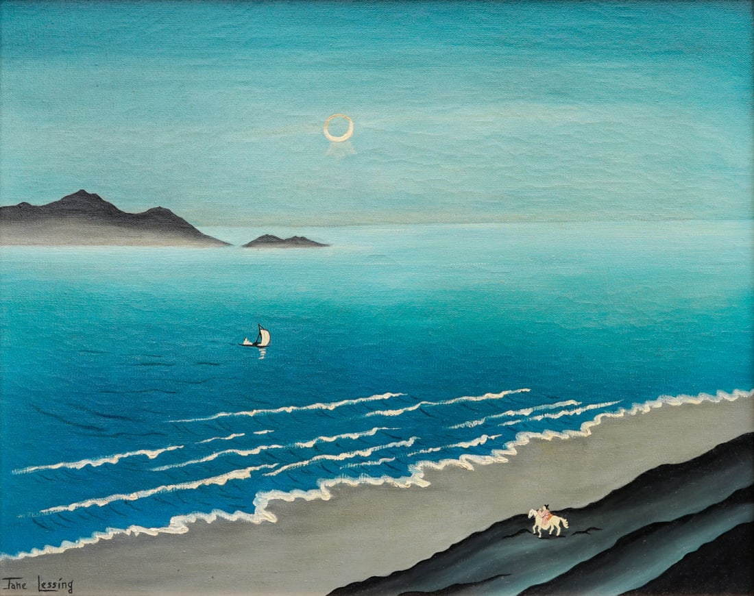 JANE WOODWORTH LESSING (AMERICAN, 1913-1970).: 'Coastal Horse Rider with Sail Boat and Moon'. Circa 1948. Oil on canvas. Signed lower left. Note: Jane Woodworth Lessing was an artist and actress who exhibited paintings at Disney studios, Burbank, 