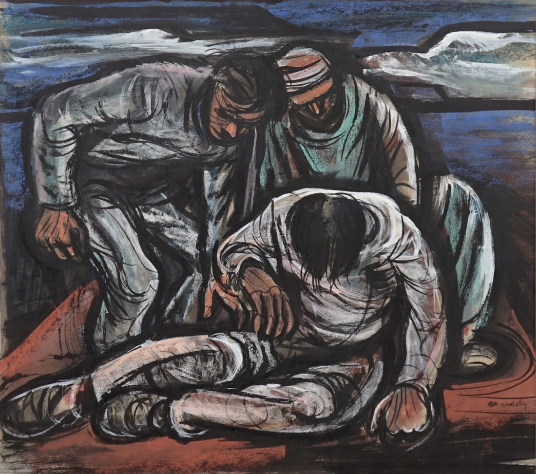 FRANCIS DE ERDELY (HUNGARIAN/AMERICAN, 1904-1959): 'Travelers Helping A Fallen Companion'. Mixed media on paper. Signed lower right. Property of a Larchmont, NY collection. Dimensions: Sight: 18.75" h x 21" w. Frame: 28.5" h x 26.5"