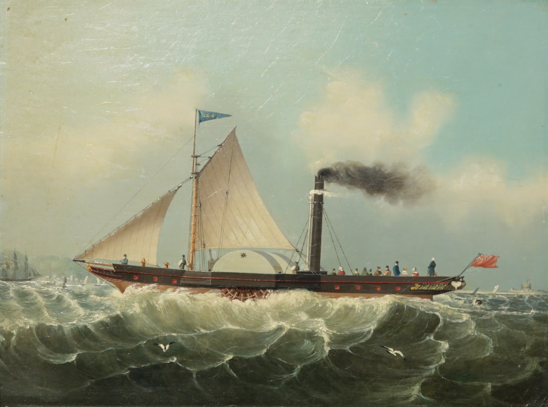 BRITISH SCHOOL (19TH CENTURY).: 'A Steamship Paddle Wheeler'. Oil on board. Property from a Greenwich, CT collection. Dimensions: 12.50" h x 16.50" w. Frame: 16.50" h x 20.625" w.