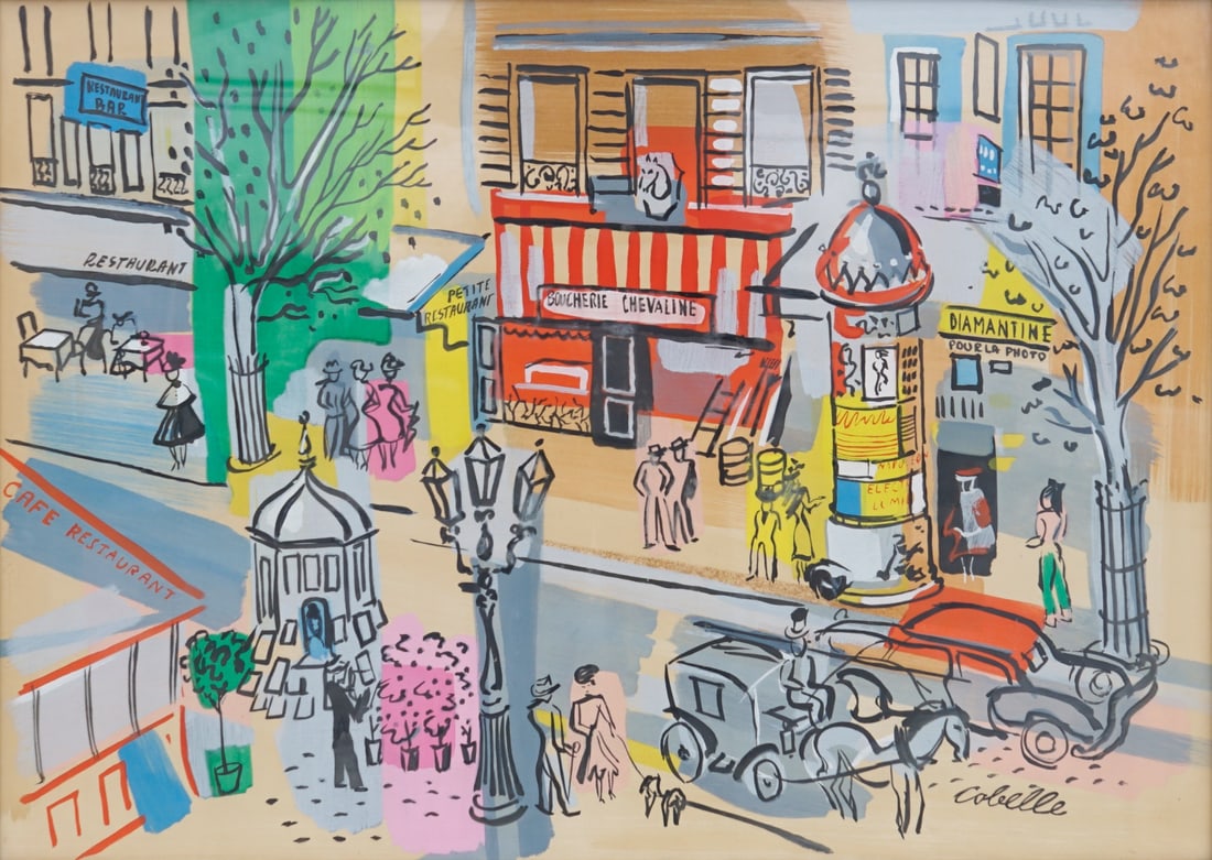 CHARLES COBELLE (FRENCH, 1902-1998).: 'A Street Scene in Paris'. Gouache on paper. Signed lower right. Provenance: FAR Gallery, NYC. Property from a New Jersey estate. Dimensions: Sight size: 21.25" h x 29" w. Frame: 27.25"