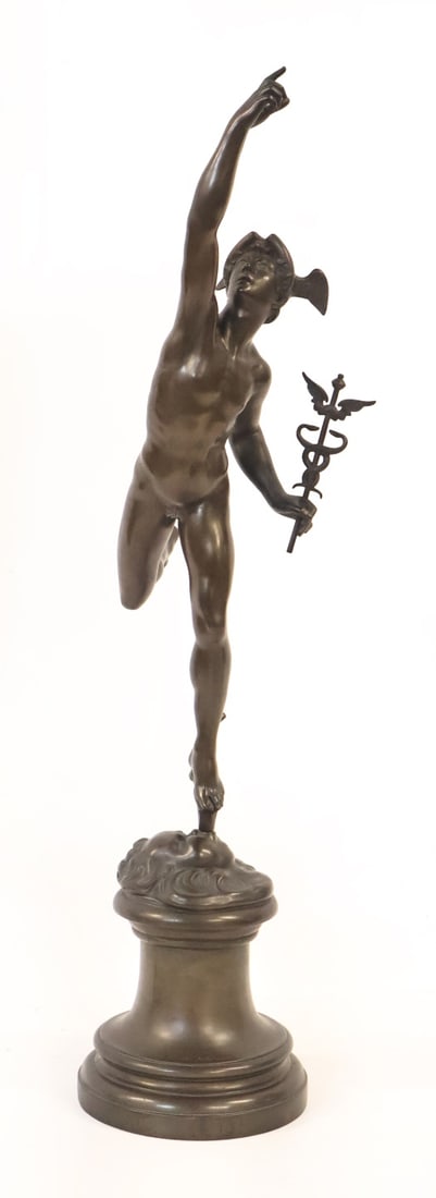 A Large Mercury of Giambologna Bronze Statue.: A well cast model of Mercury of Giambologna. The entire figure 35" overall, the base 7.25", the figure 27.5". With an inscription at the base reading "Johannes Giesecke zu seinem 2