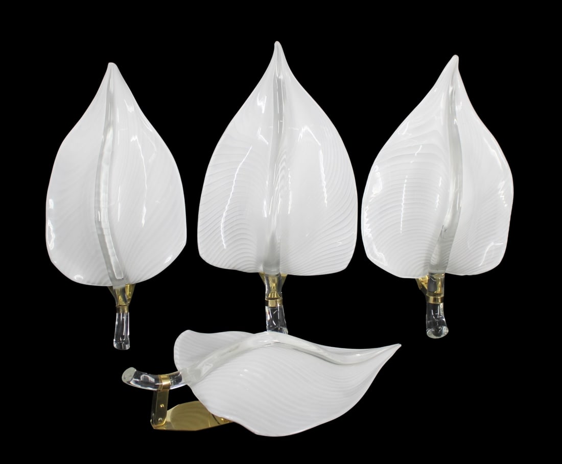 4 Franco Luce For Murano White Glass Sconces.: White Striped Murano Glass Leaf Sconces by Franco Luce. From a New York Estate. - Dimensions: 16" h x 9" w.