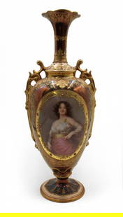 Dresden Porcelain Portrait Vase.: Beautiful quality Dresden porcelain vase with painted portrait of a woman, on a iridescent red field. Signed on the base "Dresden", "Germany", and "Vornehme Orientalin".