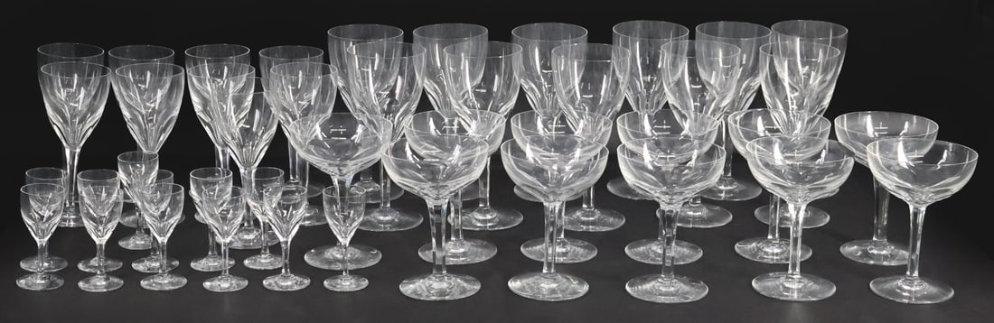 Set of Baccarat Stemware 43 Pieces.: To include: (11) 7.5" water or red wine (?), (9) 6.5" white wine (?), (12) 3.75" cordial, and (12) 5.5" saucer champagne. Unknown pattern- perhaps Genova perhaps Zurich? From a Sca