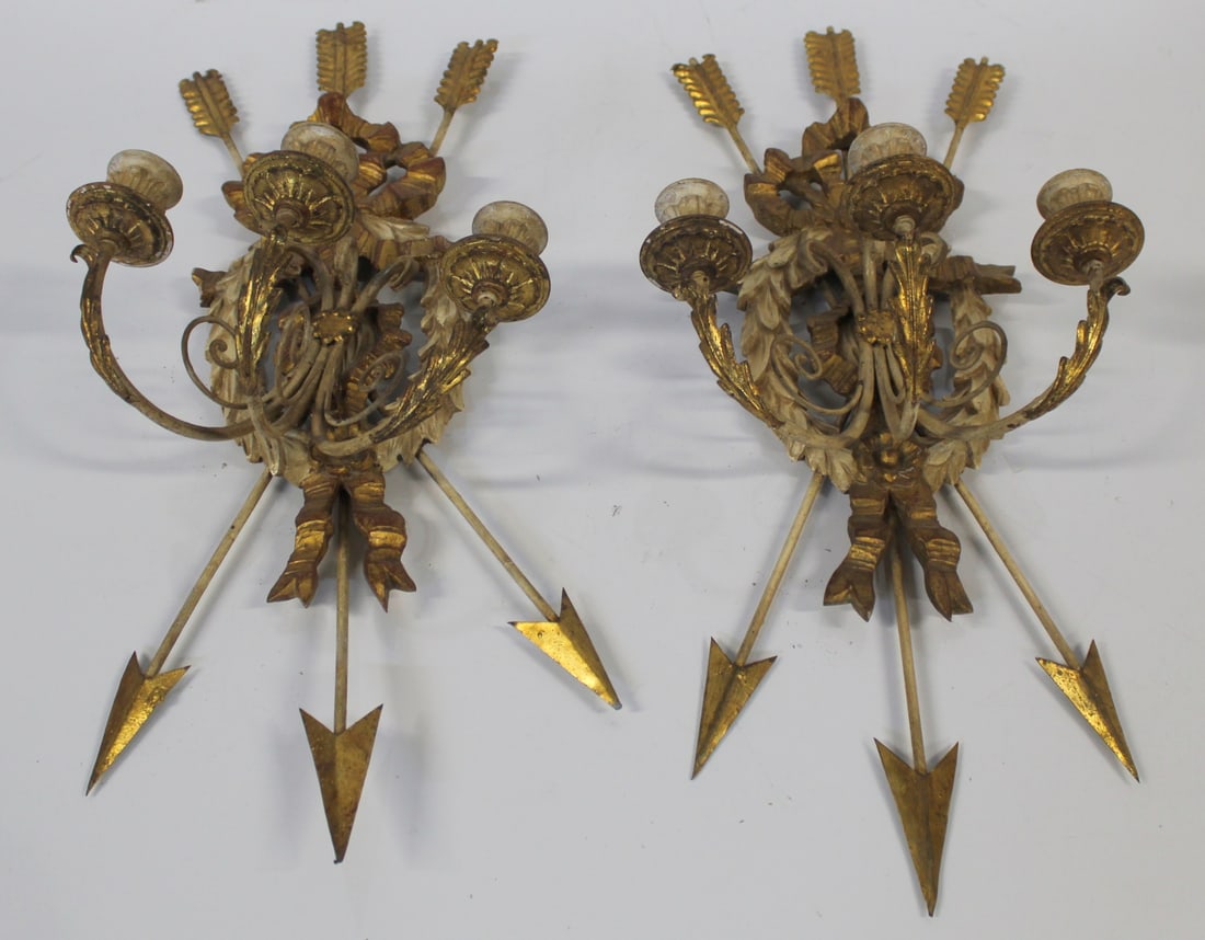 Vintage Carved, Gilt & Paint Decorated Sconces.: Quality and very decorative with arrow and ribbon decoration. From a Mamaroneck, NY estate. - Dimensions: 28" h x 12" w.