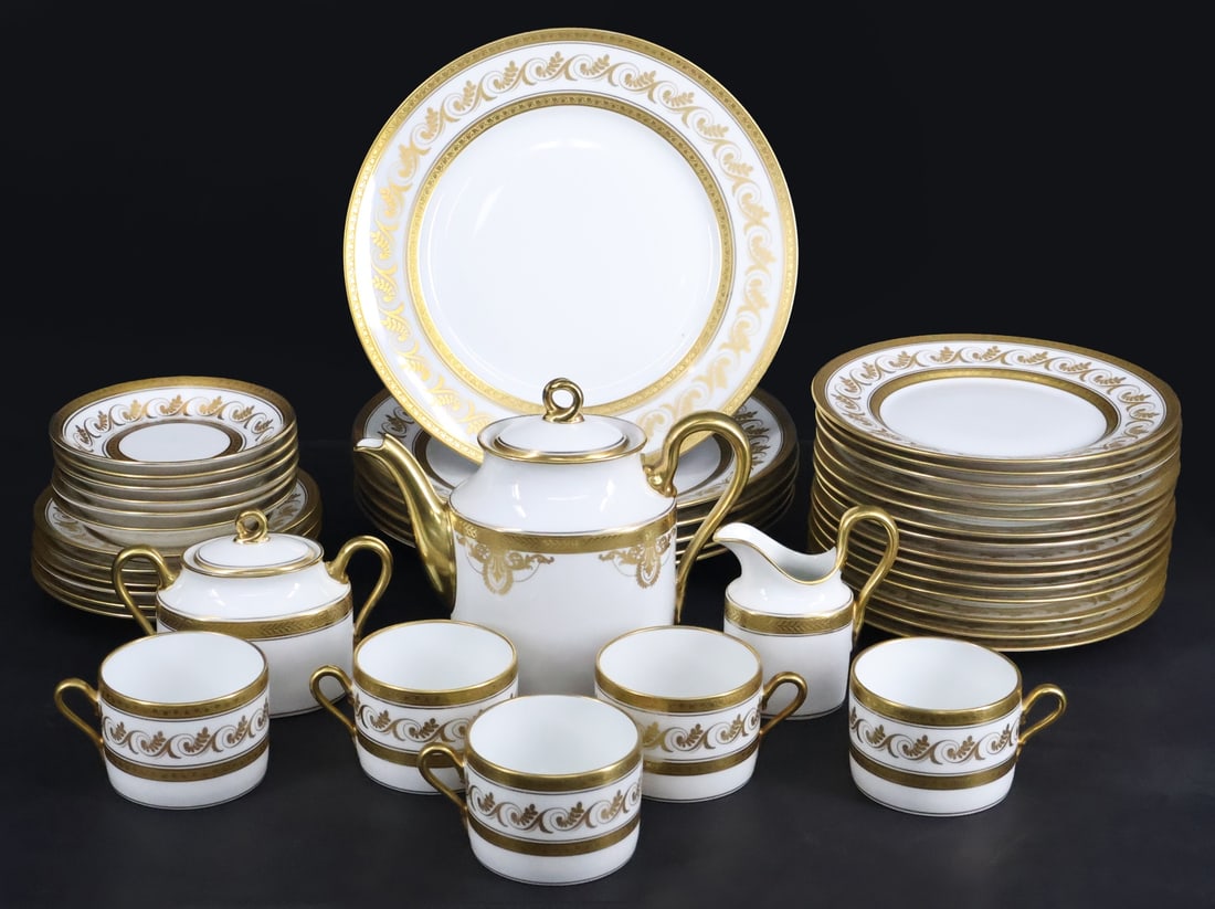 Richard Ginori Porcelain Demitasse Set.: Includes (6) dinner plates; (14) dessert plates; (6) appetizer plates; (6) saucers; (5) teacups; a teapot; a creamer; and a sugar bowl. From a Greenwich CT estate. Dimensions: largest dishes measure a