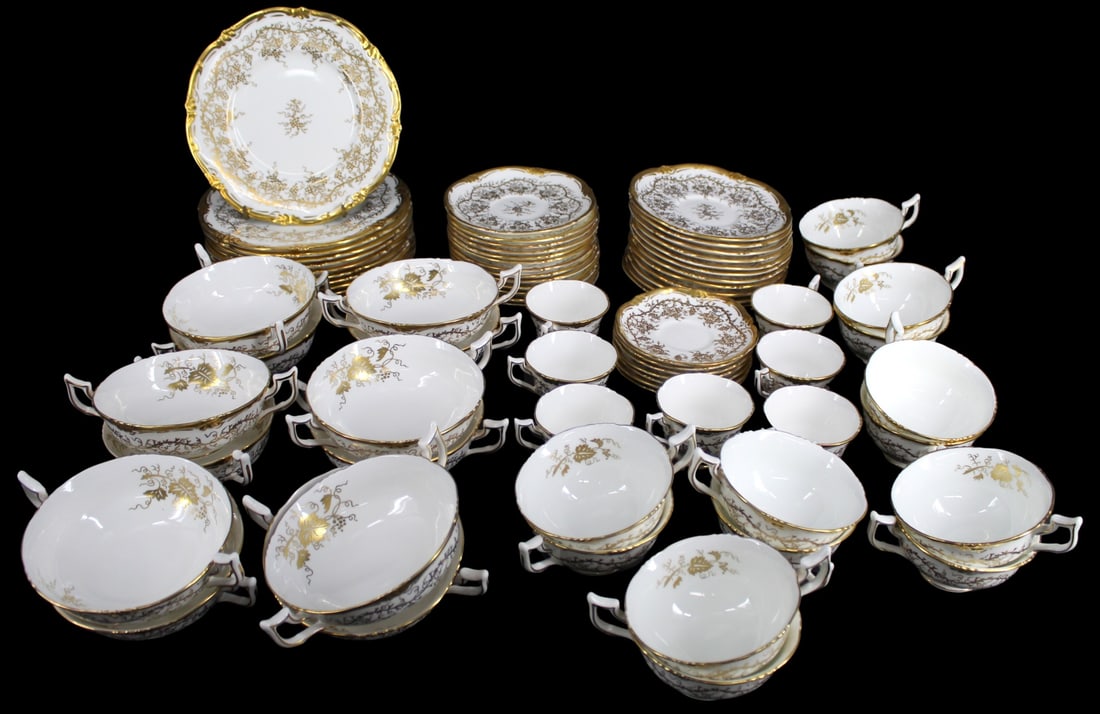 Part Set of Royal Cauldon King's Plate Porcelain: To include: 12 salad (?) plates, (8"), 12 saucers (6.25"), 13 saucers (5 7/8"), 13 tea cups, 12 cream soup, 7 demitasse saucers, 7 demitasse cups. "King's Plate/ Royal Cauldon/ Bon