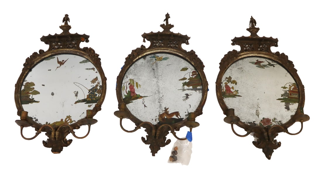 (3) Chippendale Chinoiserie Mirrored Sconces. (1 of 13)