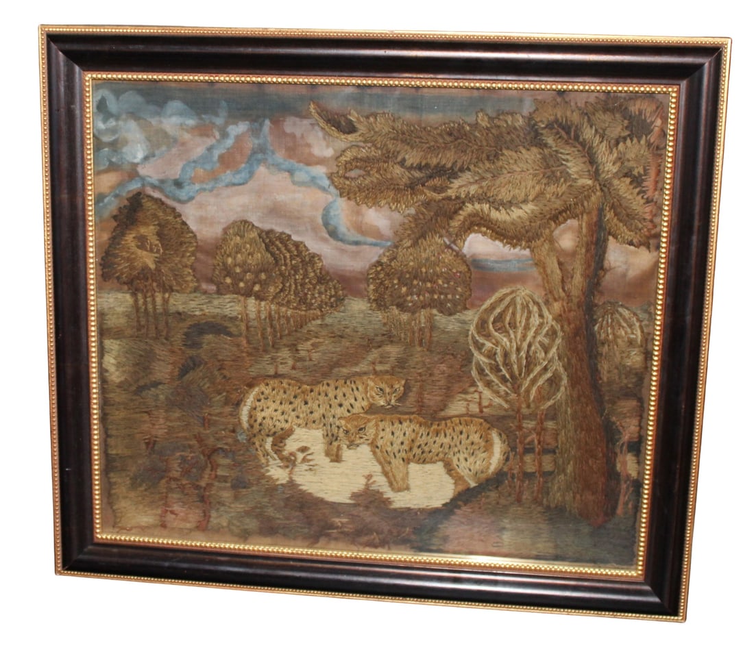 Crewel Embroidery Landscape Scene with Leopards (1 of 7)