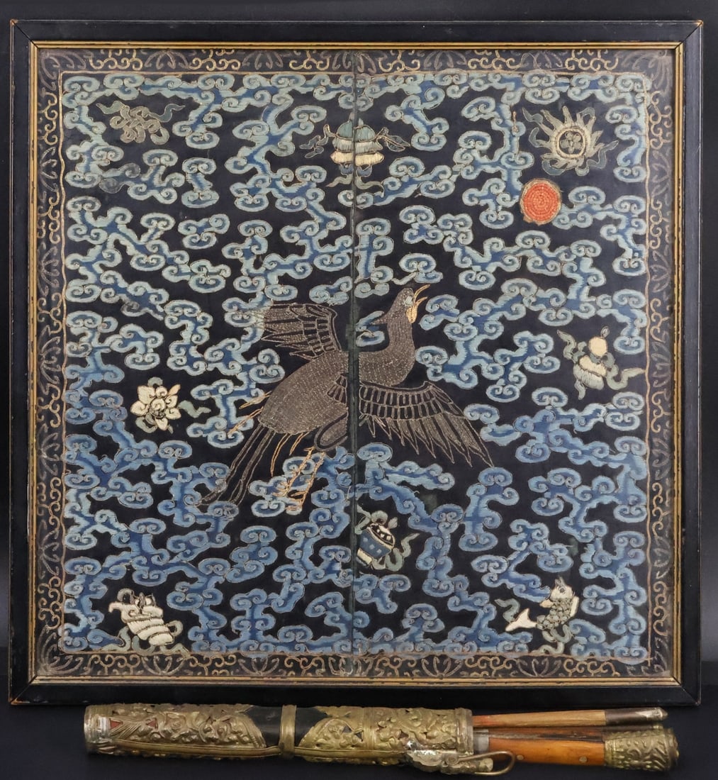 Chinese Rank Badge and Cutlery Set.: Includes a Chinese rank badge displaying gilt metal embroidery, coral beadwork, and a crane; accompanied by a cutlery set comprised of a knife and a pair of chopsticks within a brass accented case. Fr