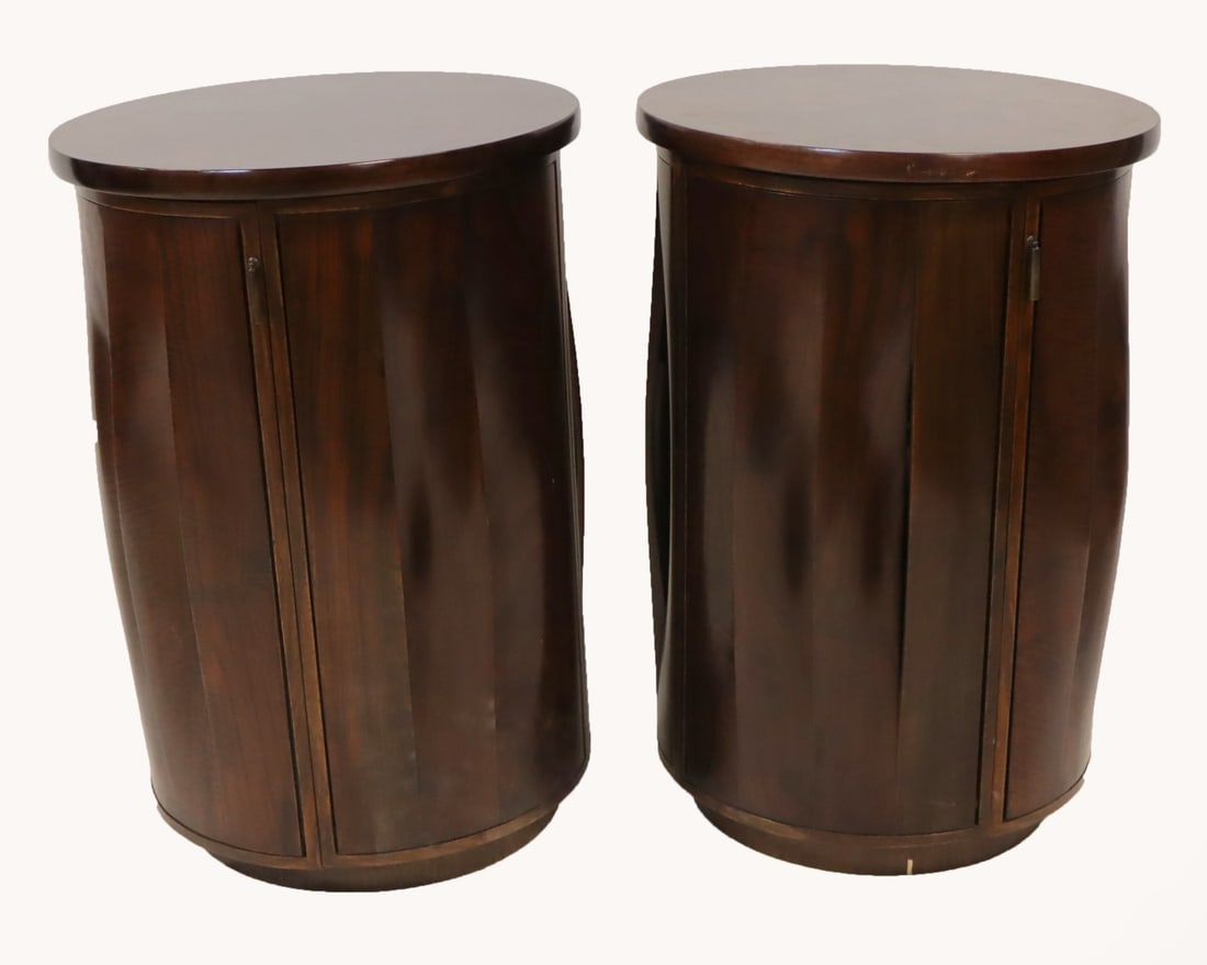 Pair Of Round Accordion End Tables.: From a Bloomfield, NJ estate. Dimensions: 28" x 19.25".