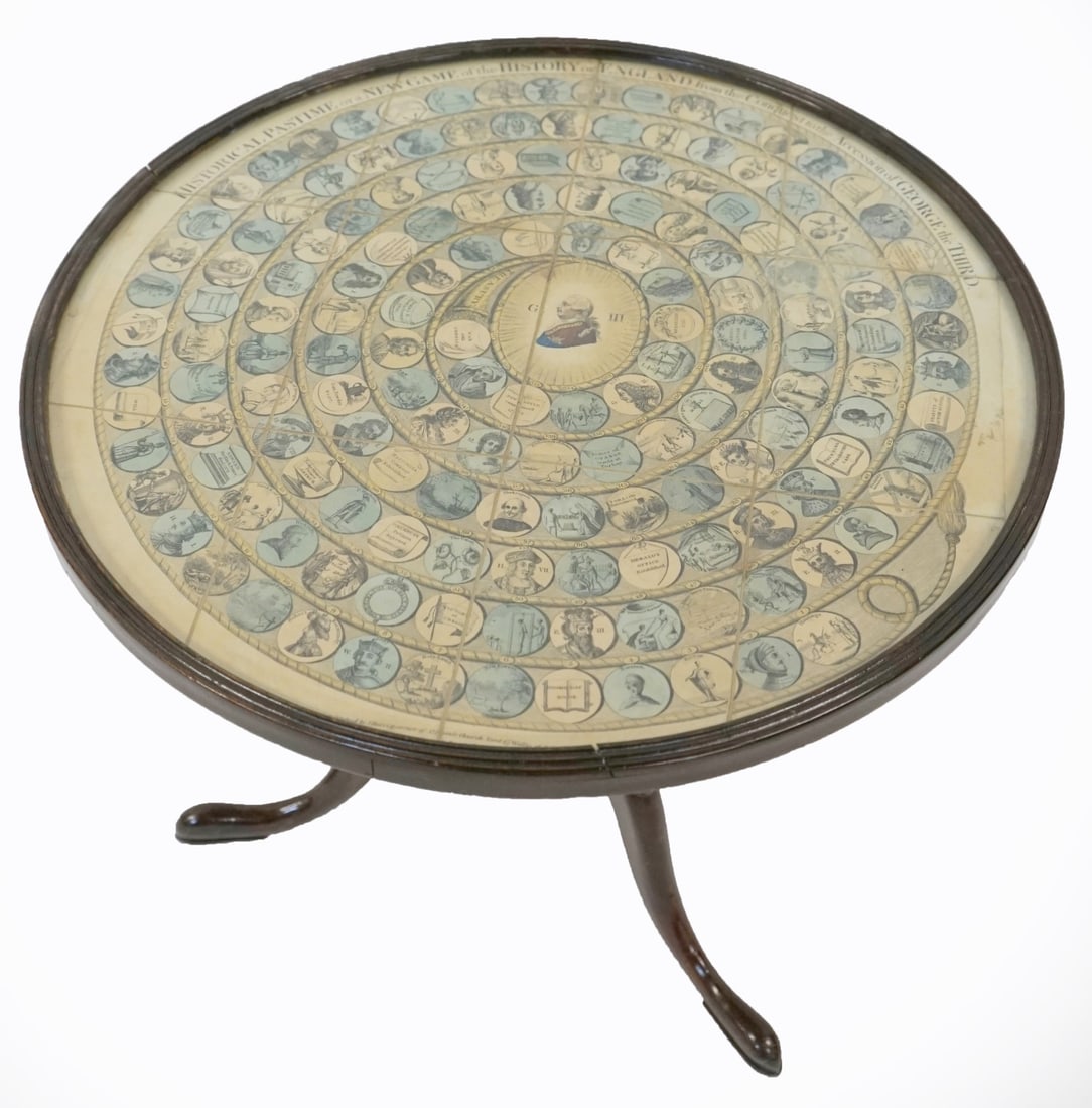 Round Pedestal Table With Historical Game Board.: Round wooden pedestal table with a subsequently added game board under glass, titled "Historical Pastime, or a New Game of the History of England from the Conquest to the Accession of George the Third