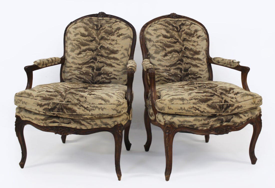 Vintage Pair Of Louis XV Style Arm Chairs.: From an East 85 St NYC estate. - Dimensions: 37.5" h x 27" w x 22" d.